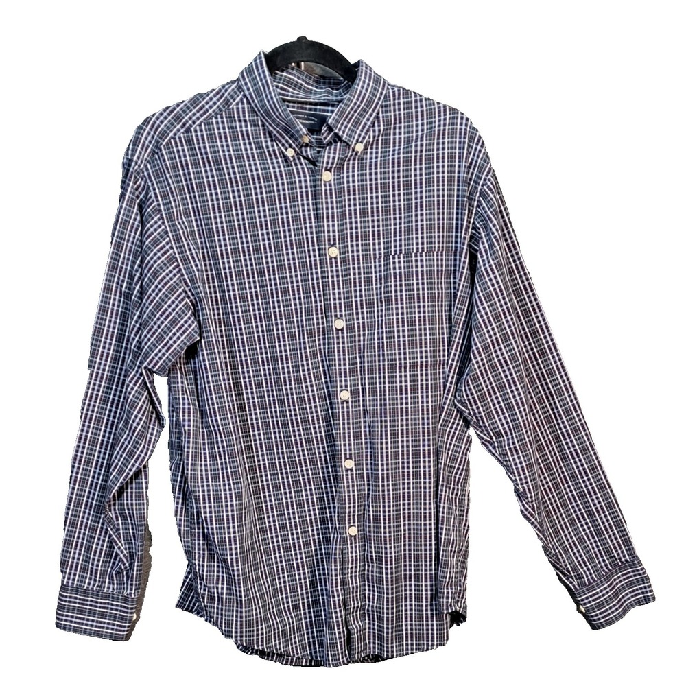Roundtree & Yorke Mens Medium Navy Blue Plaid 100% Cotton Button Down Shirt M